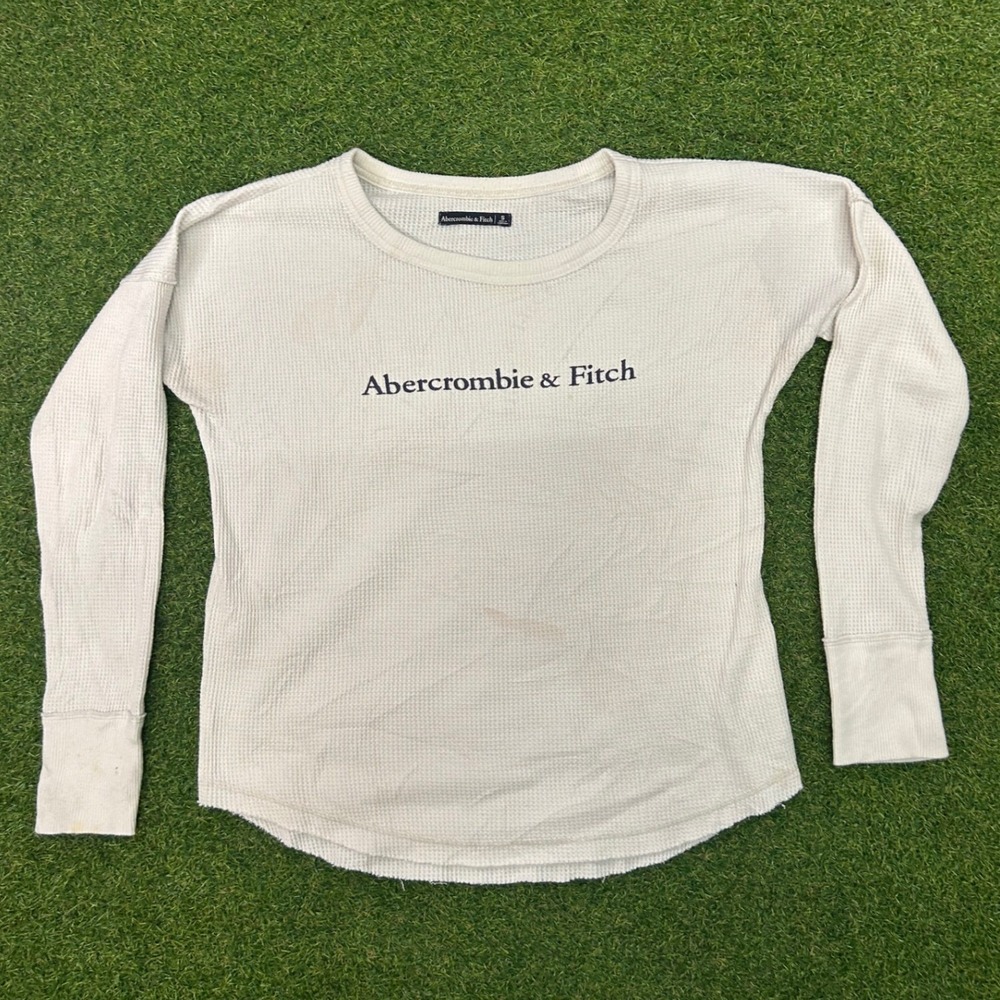 Abercrombie & Fitch Womens Small Cream‎ Waffle Knit Thermal Long Sleeve Logo Top